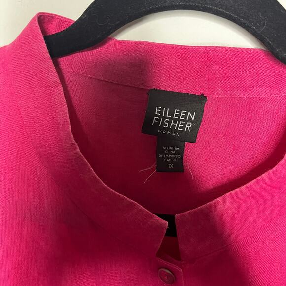 Eileen Fisher Blouse Womens 1X Plus Pink Irish Linen Mandarin Collar Button Down - Picture 5 of 10